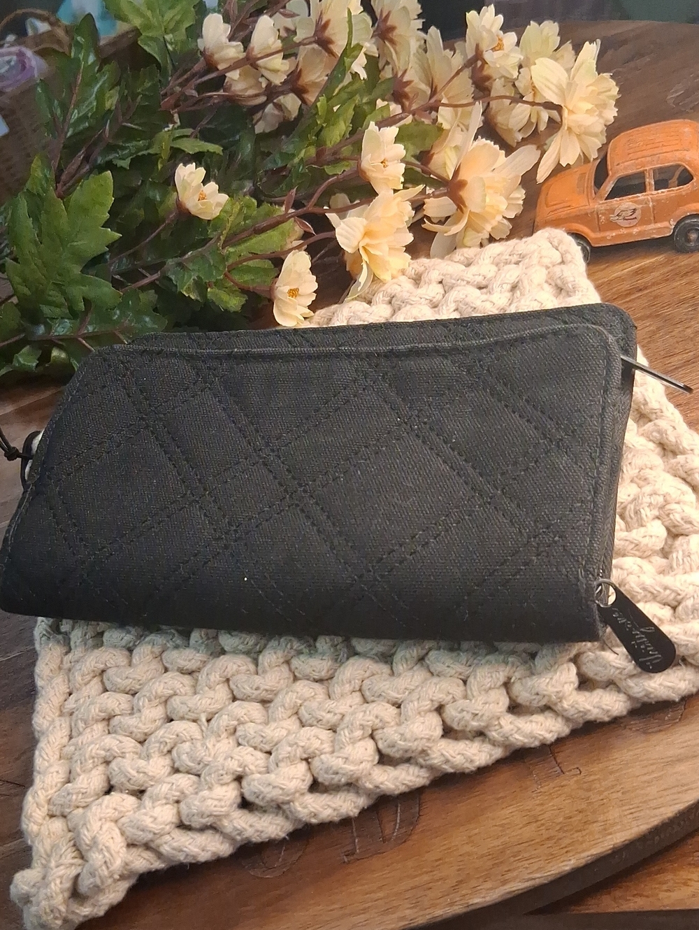 Longaberger Black Quilted Zip Clutch Wallet